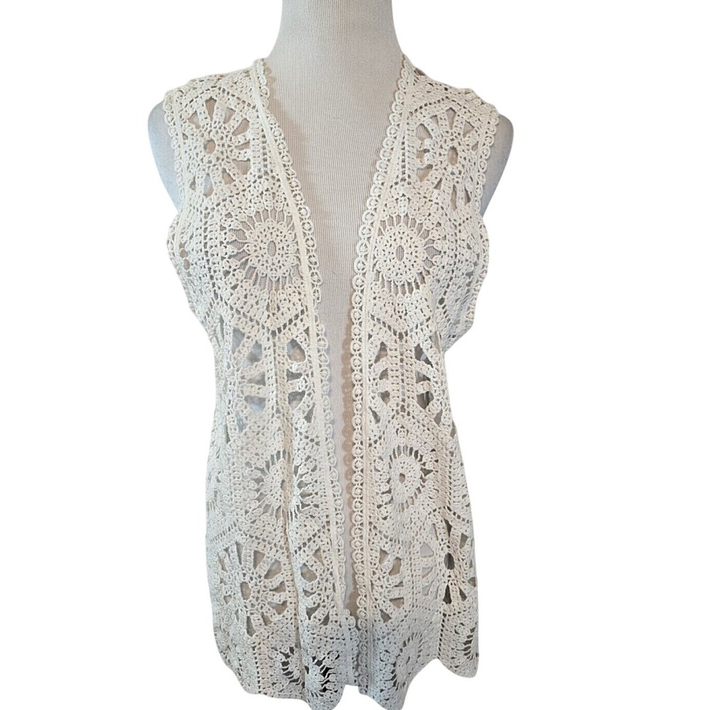 Unbranded Women Cream Crochet Medallion Open Front Vest Sleeveless Boho Cardigan